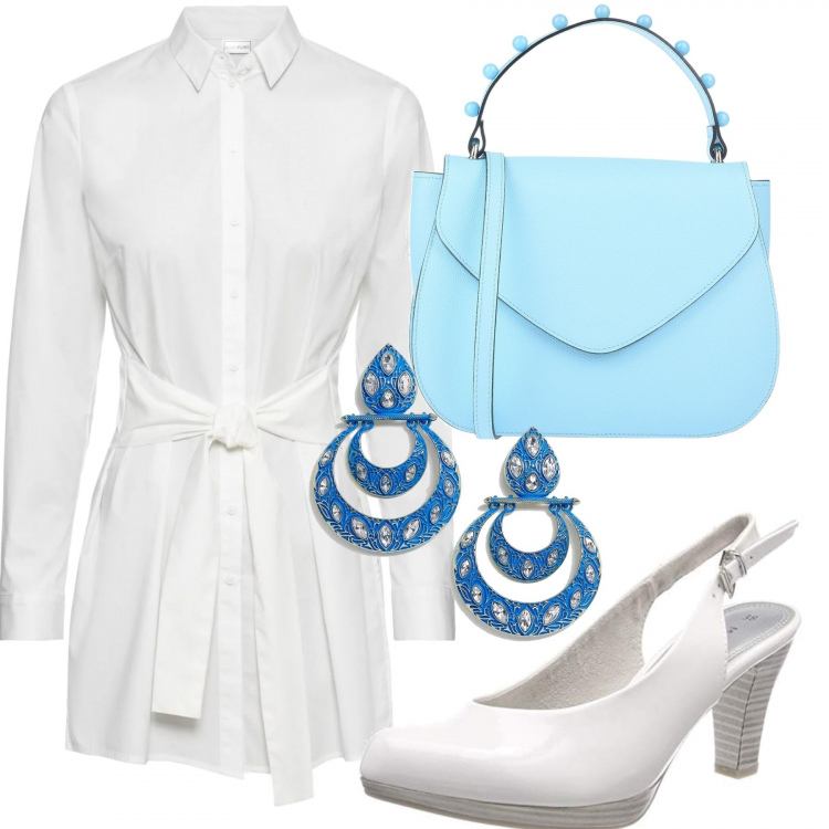 Outfit donna - Trendy #24844. Stile Trendy per Tutti i giorni. Abbinamento con vestiti, borsa a mano con manico contrasto in pelle martellata taglia media tinta unita, scarpe con cinturino bianco, orecchini pendenti petite farfalla oro.