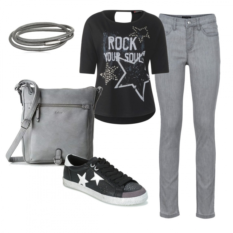 Outfit donna - Rock your soul. Stile Basic per Tutti i giorni. Abbinamento con jeans skinny, scarpe nero, maglietta nero, braccialetto, borsa a tracolla grigio.