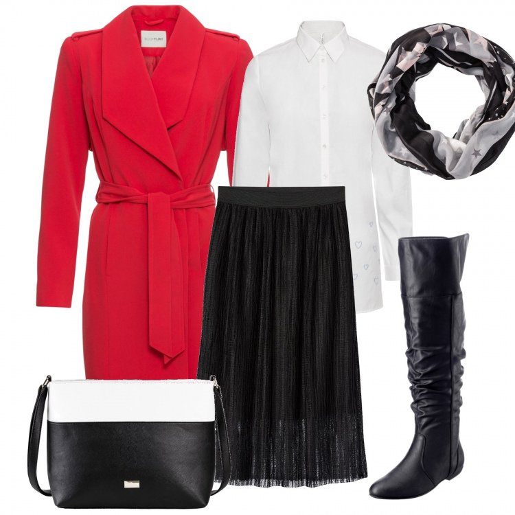 Outfit donna - Trench rosso. Stile Basic per Scuola/Università. Abbinamento con stivali sopra il ginocchio, trench, foulard, slip, borsa a tracolla nero, gonne longuette.