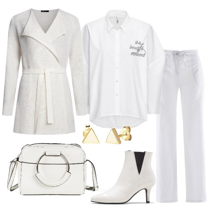 Outfit donna - Momenti in bianco. Stile Trendy per Tutti i giorni. Abbinamento con pantaloni a palazzo, camicia oversize con ricamo bianco, borse a spalla, stivaletti con tacco spillo bianco, cardigans, orecchini.