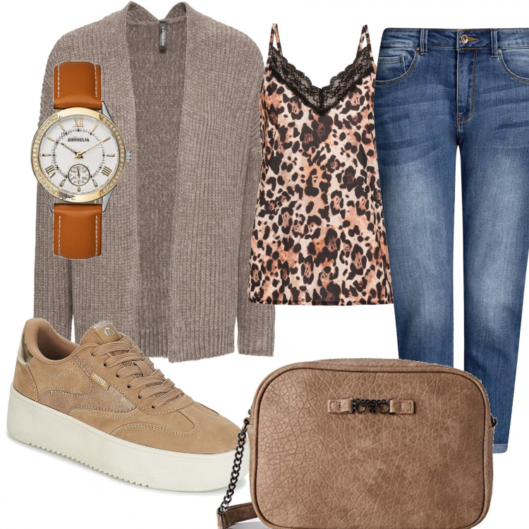 Outfit donna - Sexy e dinamica. Stile Trendy per Serata fuori. Abbinamento con vestiti, cardigan oversize in ciniglia marrone, sneakers, borsa a tracolla marrone e grigio, orologi, jeans boyfriend taglia media aderente blu.