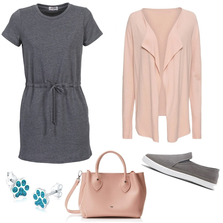 Outfit donna - A spasso con Balto. Stile Urban per Tutti i giorni. Abbinamento con cardigans, mocassini grigio, vestito corto grigio, orecchini, borse tote.