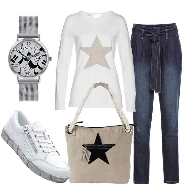 Outfit donna - La liceale. Stile Basic per Scuola/Università. Abbinamento con pantaloni, maglione jacquard bianco, sneakers suola leggera con zip bianco, t-shirt, orologio analogico con cinturino in acciaio inox.