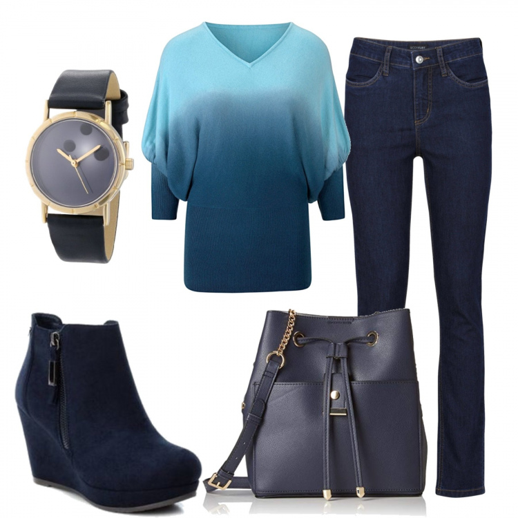 Outfit donna - Casual...ma seducente. Stile Basic per Tutti i giorni. Abbinamento con jeans, camicie, stivaletti con plateau blu, scarpa, orologi.