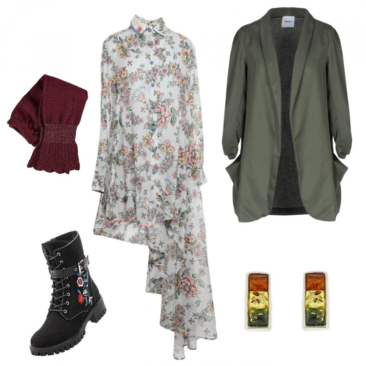 Outfit donna - Anjuna inspo...MSGM style. Stile Trendy per Tutti i giorni. Abbinamento con stivali, vestito corto senza tasche fantasia floreale con ricamo collo classico a maniche lunghe interno sfoderato con bottoni, giacca scollatura profonda a maniche lunghe interno sfoderato tinta unita, calza taglia unica rosso, orecchini in sterling 925 argento.