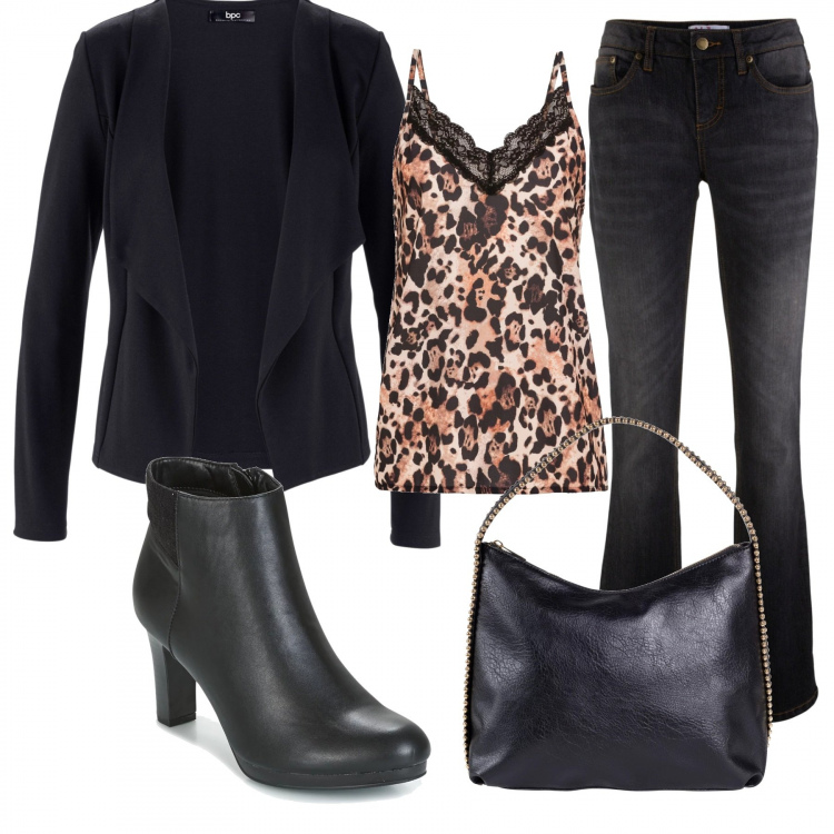 Outfit donna - Sexy curvy. Stile Sexy per Serata fuori. Abbinamento con jeans bootcut, blazer, top con pizzo fantasia marrone, borsa nero, stivaletti nero.