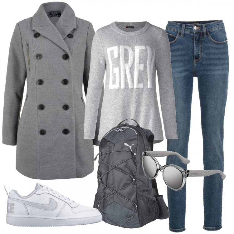 Outfit donna - A scuola in grigio. Stile Basic per Scuola/Università. Abbinamento con jeans skinny, cappotto grigio, borsa, scarpe bianco, maglione melange grigio, occhiali da sole argento.