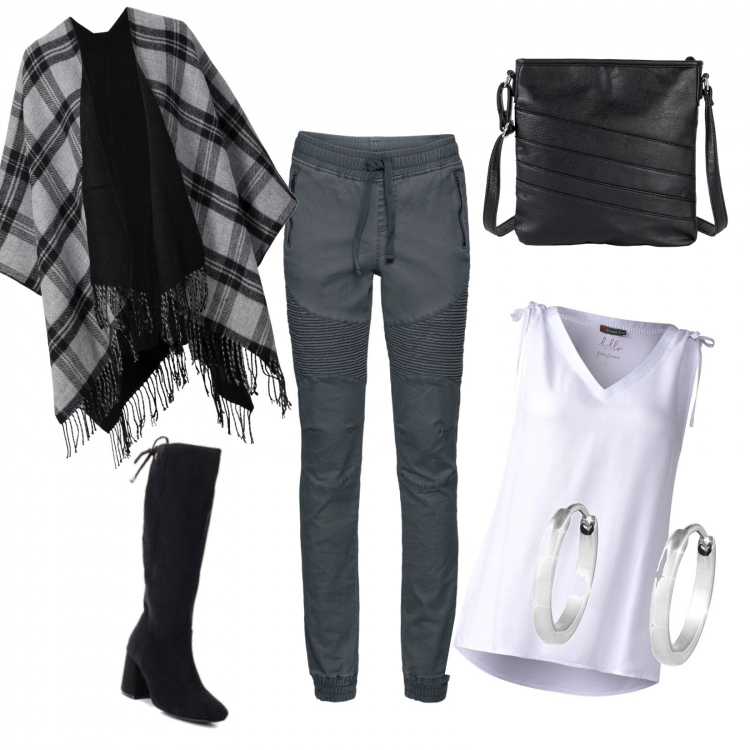 Outfit donna - Grey style. Stile Urban per Ufficio. look ideale per Tall. Abbinamento con pantaloni sportivi, cappotti, borsa a tracolla con zip nero, canottiera bianco, stivali nero, orecchini.