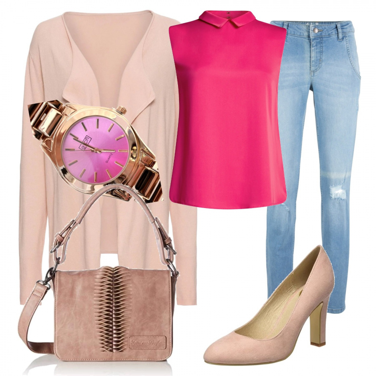 Outfit donna - Rosà passione. Stile Trendy per Scuola/Università. Abbinamento con cardigans, jeans elasticizzato taglio dritto blu, orologio analogico rosa, camicetta aderente rosa, borse a mano, scarpe con tacco effetto scamosciato beige e rosa.