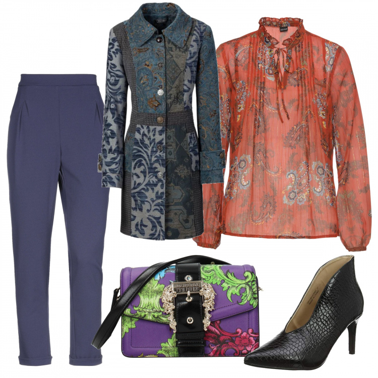 Outfit donna - Bag is ...world. Stile Trendy per Tutti i giorni. Abbinamento con cappotti, reggiseni, pantalone a sigaretta crêpe, borsa a spalla con manico e stampa con fibbia e logo frontale viola, stivaletti con tacco nero.