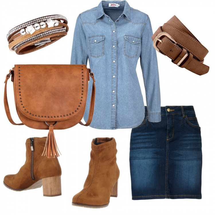 Outfit donna - Denim mania. Stile Basic per Tutti i giorni. Abbinamento con gonne, camicie, borse a tracolla, cinture, bracciale con perle marrone, stivaletti effetto scamosciato con tacco geometrico e zip con punta tonda tinta unita.