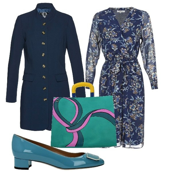Outfit donna - Total look #336395. Abbinamento con camicie a manica corta, décolleté, borsa a mano, vestito blu.