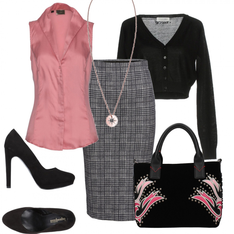 Outfit donna - Monday Style. Stile Trendy per Ufficio. Abbinamento con jeans, bluse, scaldacuore senza tasche lavorato a maglia a maniche lunghe tinta unita, décolleté effetto scamosciato con tacco squadrato e punta tonda in pelle sintetica tinta unita, borsa a mano con borchie in velluto con tasca interna nero, collana.