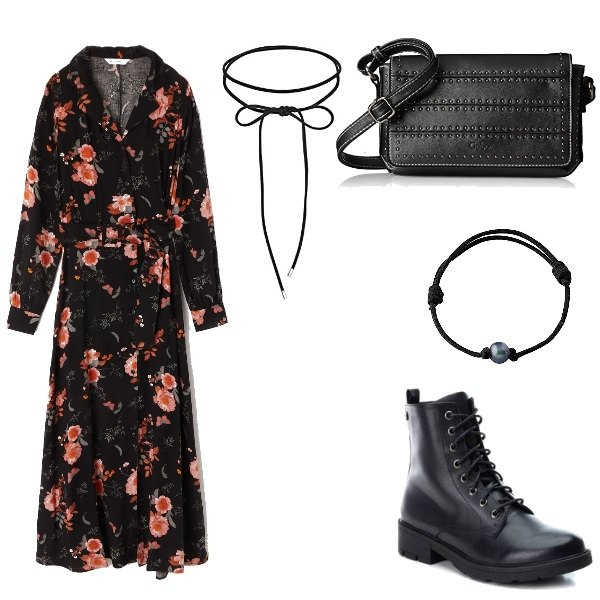 Outfit donna - Look etnico in autunno. Stile Etnico per Tutti i giorni. Abbinamento con vestito, stivaletti nero, borsa a tracolla nero, collane, bracciale con perle nero.