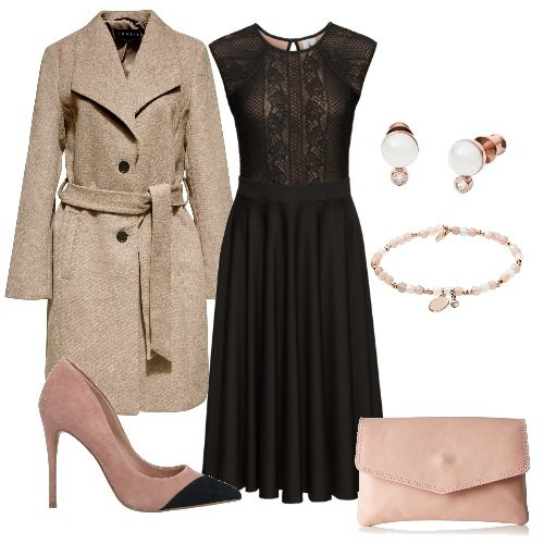 Outfit donna - Una cena romantica. Stile Chic per Serata fuori. Abbinamento con vestiti, décolleté, cappotti, braccialetti, borse a mano, orecchini.