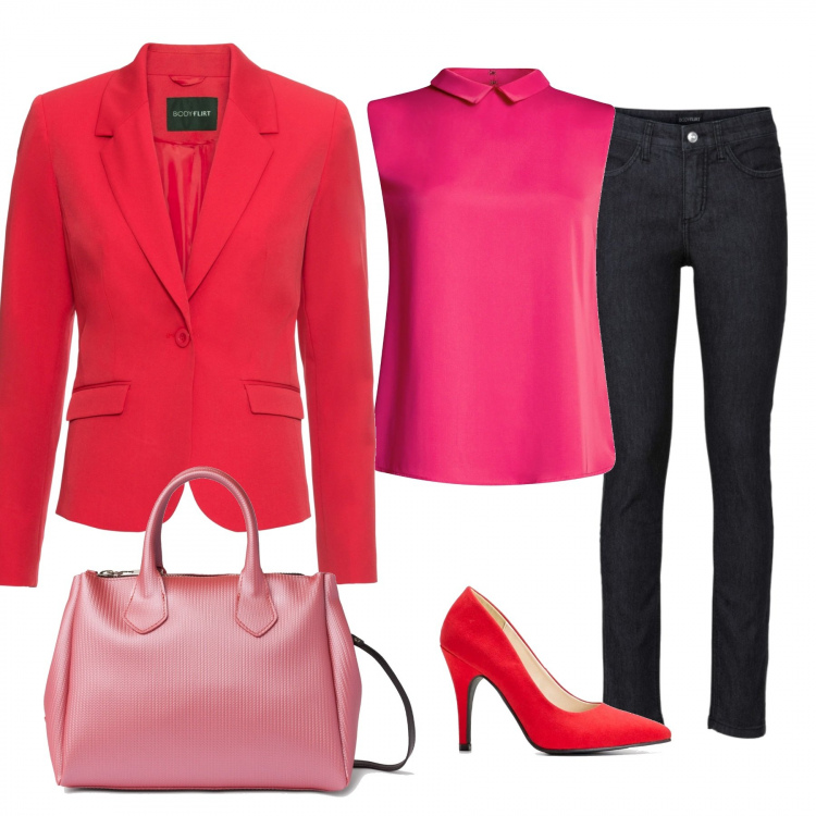 Outfit donna - Audace. Stile Trendy per Serata fuori. Abbinamento con jeans skinny, blazer, décolleté, camicetta aderente rosa, borsa a tracolla effetto metallizzato con zip rosa.