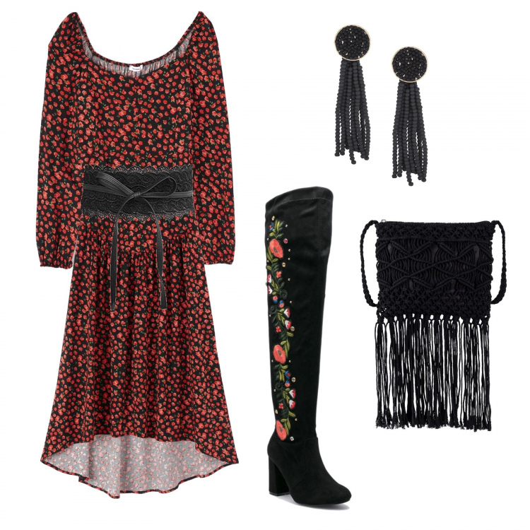 Outfit donna - Ricami sullo stivale. Stile Etnico per Tutti i giorni. Abbinamento con vestiti midi/longuette, sneakers, blusa fantasia floreale con tacco squadrato e scollo a maniche lunghe crop con bottoni nero, gonna, stivali fantasia floreale effetto scamosciato con zip nero, cintura.