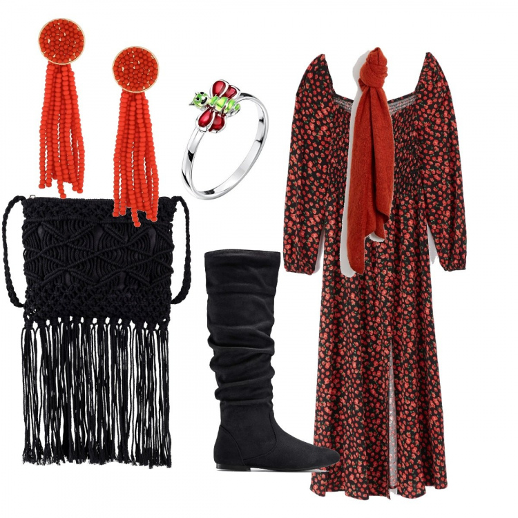 Outfit donna - Etnico Black & Corallo. Stile Etnico per Tutti i giorni. Abbinamento con stivali, orecchini con perline arancione, vestiti midi/longuette, vestito lungo fantasia floreale nero, sciarpa oversize in denim, anello in argento 925.
