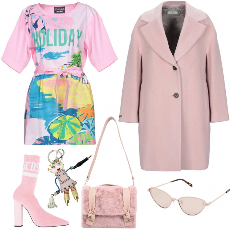 Outfit donna - Total look#rosa#. Stile Trendy per Tutti i giorni. Abbinamento con scarpa col tacco, borse a mano, cappotto contrasto collo con revers a maniche lunghe interno foderato in alpaca tinta unita, vestiti corti, occhiali da sole, portachiavi.