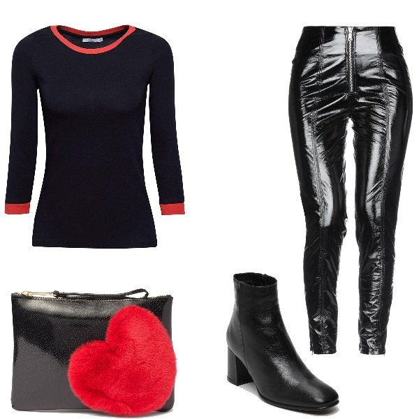 Outfit donna - Total look stile MSGM. Stile Urban per Serata fuori. Abbinamento con pantalone effetto vernice con zip in pelle sintetica tinta unita, maglia contrasto con scollo a maniche lunghe nero, tronchetti nero, pochette effetto vernice rosso e nero.