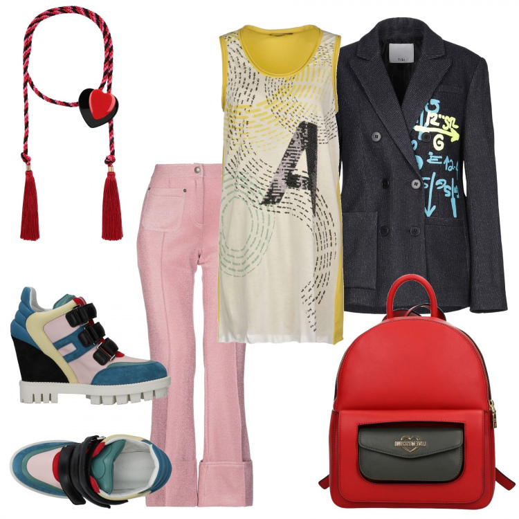 Outfit donna - Mai banale in ufficio. Stile Urban per Ufficio. Abbinamento con sneakers, giacca doppiopetto con spacco posteriore e stampa collo con revers a maniche lunghe interno foderato in flanella con tasche, collane, canottiere, pantaloni, zaino.