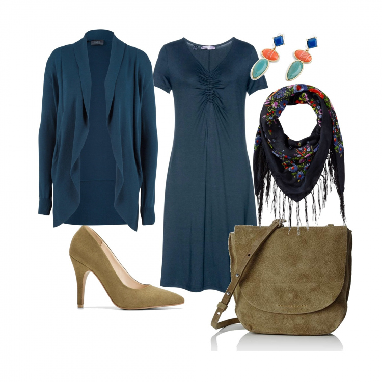 Outfit donna - Greenblue. Stile Basic per Tutti i giorni. look ideale per Tall. Abbinamento con cardigans, vestito, orecchini blu, vestiti, foulard, borse a spalla.