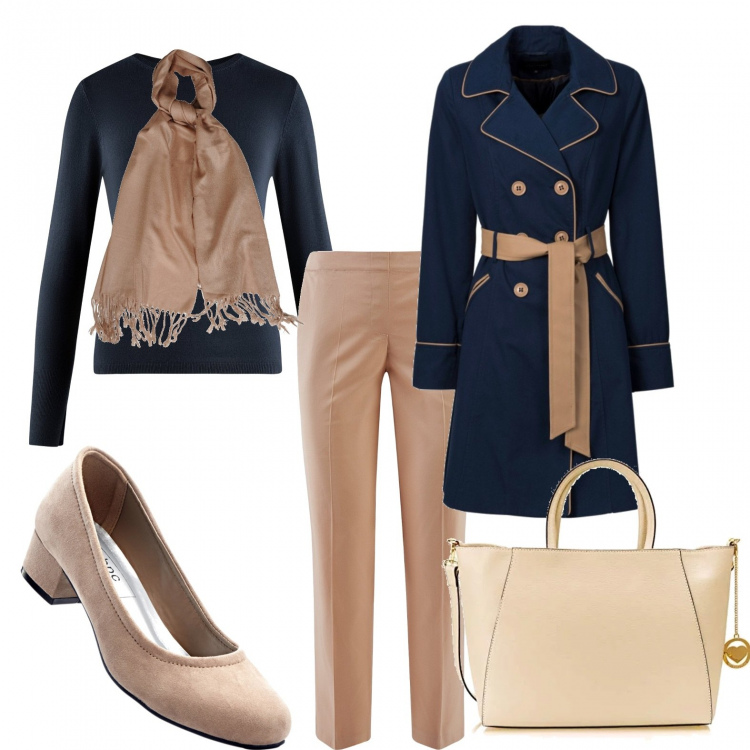 Outfit donna - Il trench blu e cammello. Stile Bon Ton per Ufficio. Abbinamento con trench, décolleté pumps marrone, scialli, pantalone lungo, maglione con scollo a maniche lunghe aderente blu, borse a spalla.