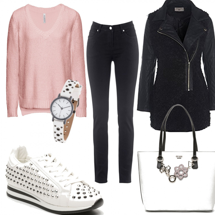 Outfit donna - Comoda con gusto. Stile Basic per Scuola/Università. Abbinamento con jeans slim fit, pullover in in maglia rosa, borse a tracolla, sneakers con borchie interno in tessuto con punta tonda in ecopelle bianco e nero, cappotto a maniche lunghe nero, borsa a mano bianco.