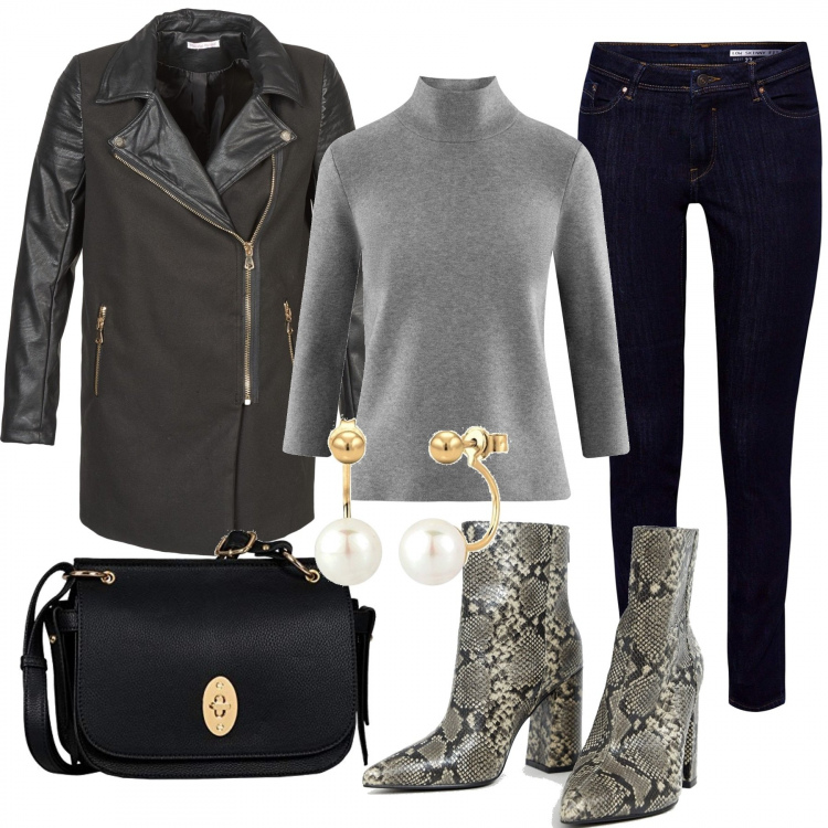 Outfit donna - Stivaletti pitonati, ecopelle e skinny. Stile Basic per Tutti i giorni. Abbinamento con cappotto nero, stivali motivo serpente con zip a punta vestibilità ampia, maglioni, jeans skinny, borsa a tracolla nero, orecchini oro.