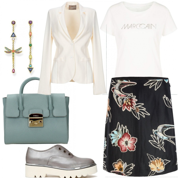 Outfit donna - A lezione di...classe. Stile Urban per Scuola/Università. Abbinamento con giacca senza tasche collo con revers a maniche lunghe interno sfoderato jersey, borse a mano, scarpe nero e beige, gonna, orecchini, t-shirt.