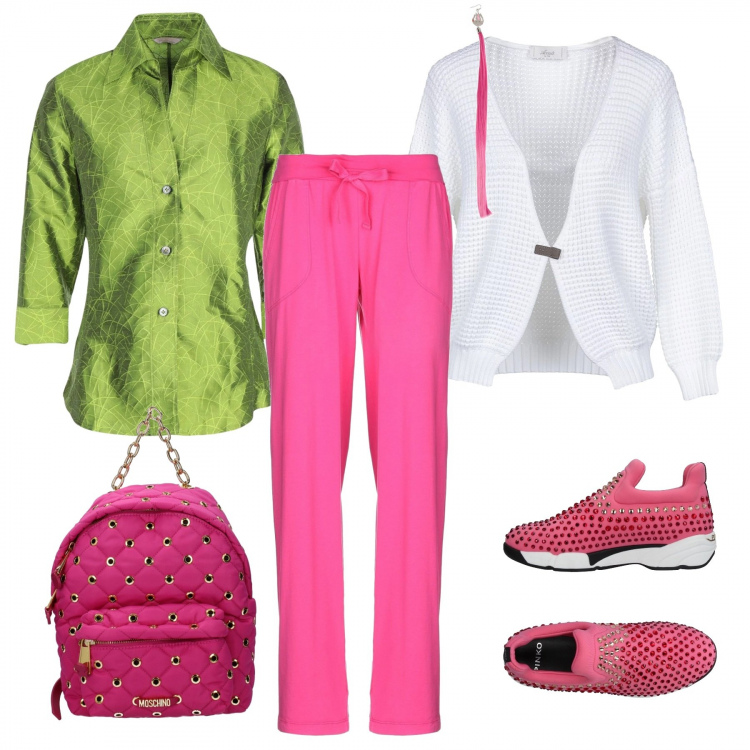 Outfit donna - Ottobre scontato in allegria. Stile Trendy per Tutti i giorni. Abbinamento con sneakers, camicie, pantalone a sigaretta vita alta con laccetti in cotone jersey, cardigan lavorato a maglia scollatura profonda a maniche lunghe taglia media tinta unita, orecchini, zaino.