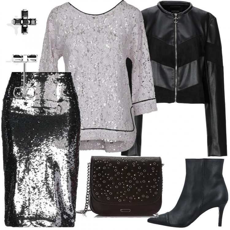 Outfit donna - Offerte. Stile Rock per Serata fuori. Abbinamento con blusa con pizzo collo tondo spacchetti laterali tinta unita, gonna longuette con paillettes e zip interno foderato tinta unita, giubbotto, stivaletti con tacco spillo e zip a punta tinta unita, borsa a tracolla nero, orecchini.