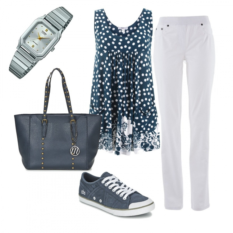 Outfit donna - Orologio verde acqua. Stile Basic per Ufficio. Abbinamento con pantaloni sportivi, top fantasia blu, shopping bag, sneakers, orologi.