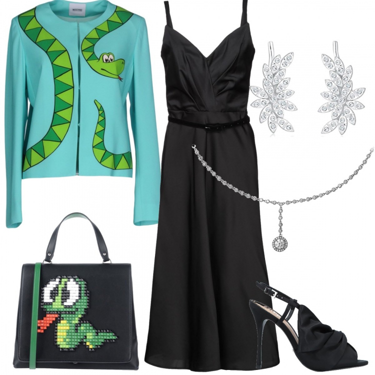 Outfit donna - Combinazioni. Stile Trendy per Cerimonia. Abbinamento con vestito longuette in raso, giacca fantasia multicolore collo tondo a maniche lunghe interno foderato crêpe, sandali con tacco spillo e fibbia con punta tonda in raso tinta unita, borsa a mano con manico contrasto taglia media a scatto interno foderato in pelle sintetica tinta unita, ciondoli, orecchini.