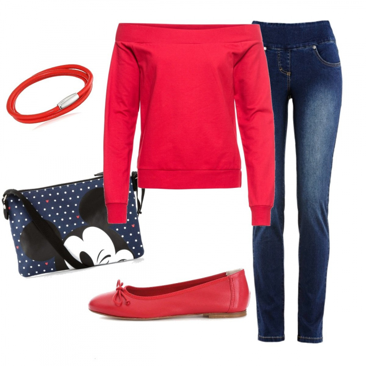 Outfit donna - Borsa di Topolino. Stile Basic per Scuola/Università. Abbinamento con jeans slim fit, felpa, borse a tracolla, ballerine rosso, braccialetto.