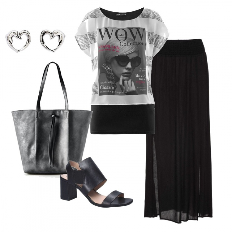 Outfit donna - Wow. Stile Basic per Serata fuori. Abbinamento con gonne lunghe, sandali col tacco, camicia, borse a spalla, orecchini a perno in ottone rosa.