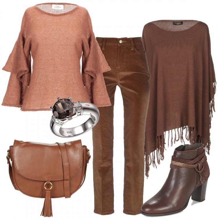 Outfit donna - Il caldo colore dell’autunno. Stile Bon Ton per Tutti i giorni. Abbinamento con mantella senza tasche lavorato a maglia collo tondo interno sfoderato tinta unita, pullover con balze lavorato a maglia collo tondo a maniche 3/4 in mohair senza tasche tinta unita, pantaloni, stivaletti, borsa a tracolla, anello con zirconia in sterling 925 argento.