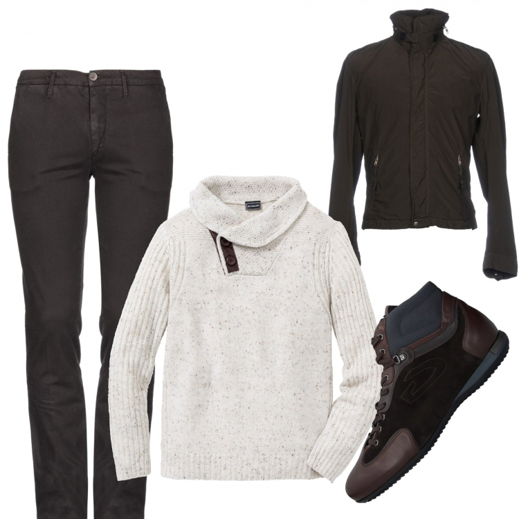 Outfit uomo - Urban #978. Stile Urban per Tutti i giorni. Abbinamento con maglieria, giubbotto, pantalone con zip tinta unita, sneakers tennis fantasia multicolore effetto scamosciato senza tacco con punta tonda in tessuto tecnico.