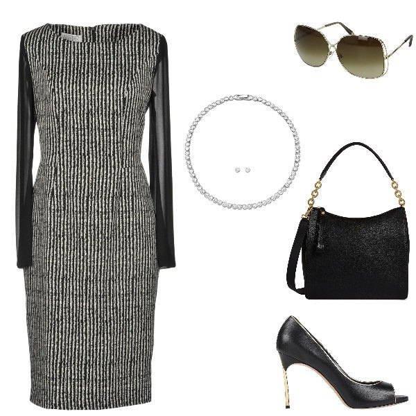 Outfit donna - Fashion game Curvy and Plus Size. Stile Chic per Serata fuori. Abbinamento con vestito a tubino con spacco fantasia collo tondo a maniche lunghe con zip interno foderato crêpe, décolleté effetto laminato open toe tinta unita, borsa a mano con manico in pelle martellata taglia media con zip tinta unita, occhiali da sole, sneakers.