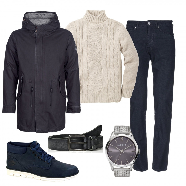 Outfit uomo - Il maglione per il alvoro. Stile Casual per Ufficio. Abbinamento con maglieria, orologio con fibbia, pantalone fantasia vita bassa con bottoni, parka, cintura grigio, stivali con lacci in pelle blu scuro e marrone.