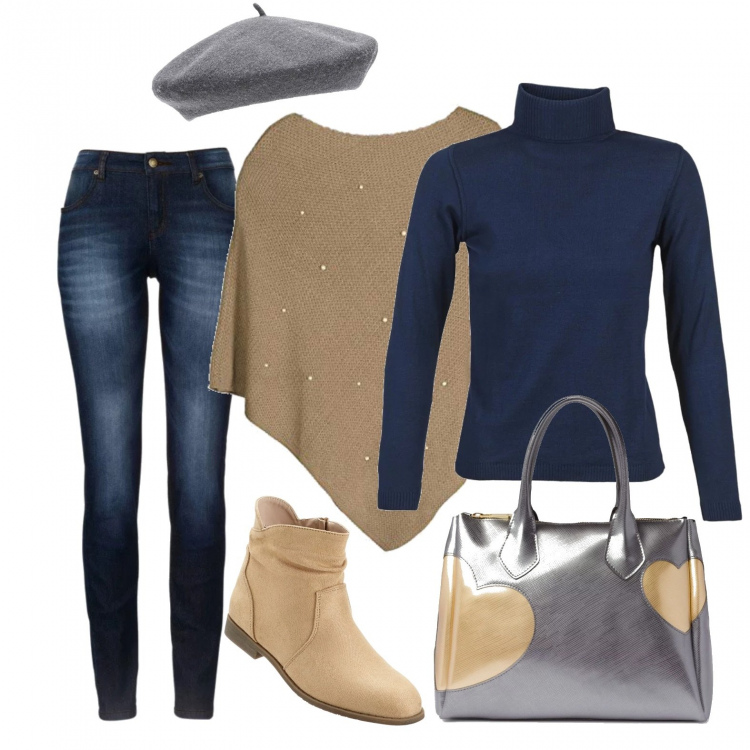 Outfit donna - Usciamo. Stile Basic per Tutti i giorni. Abbinamento con jeans skinny, vestiti, cappello grigio, maglioni, cappotti, borsa a mano effetto metallizzato con zip oro.