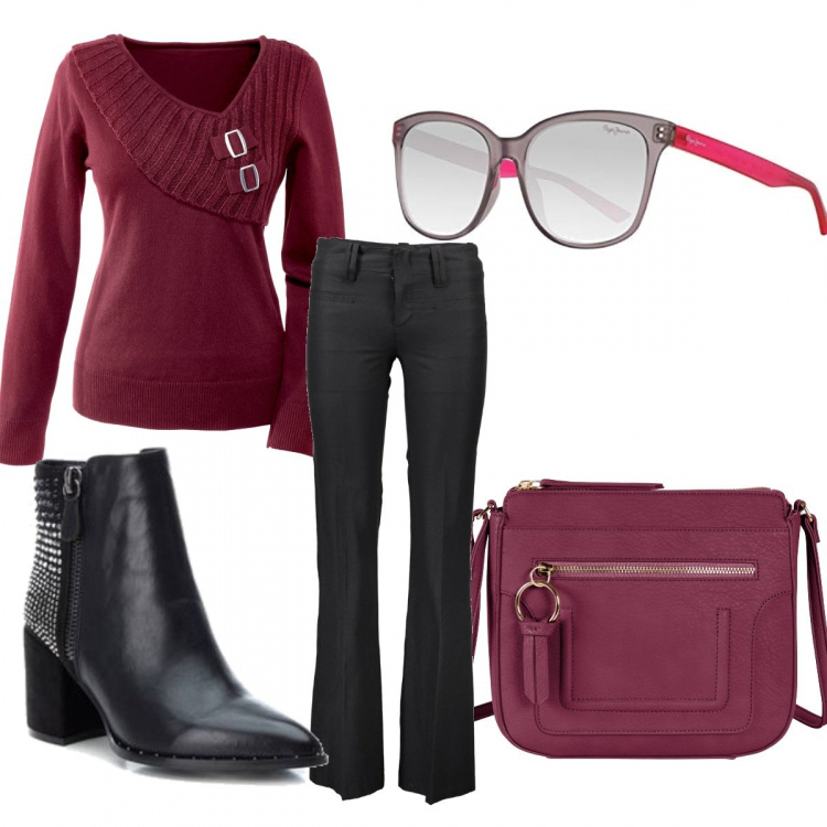 Outfit donna - Total look #337447. Abbinamento con maglieria, vestiti, pantaloni, stivaletti con borchie nero, occhiali da sole.