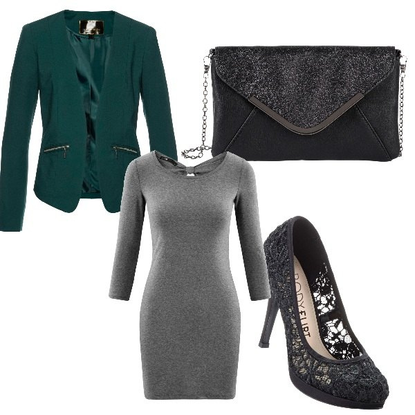 Outfit donna - Total look #337503. Abbinamento con blazer, décolleté, pochette, vestito a goccia aderente grigio.