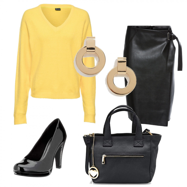 Outfit donna - Venerdì mattina. Stile Sexy per Ufficio. Abbinamento con maglieria, cappotti, borsa a mano nero, scarpa col tacco, orecchini pendenti oro.