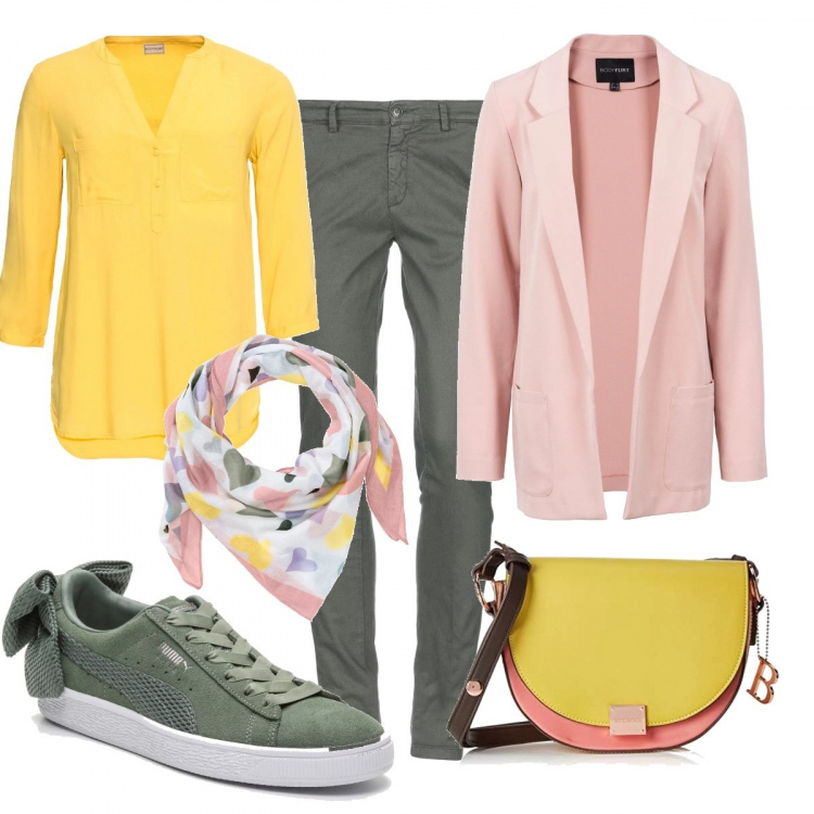 Outfit donna - Autunno colorato. Stile Basic per Scuola/Università. Abbinamento con pantalone con zip tinta unita, vestiti corti, blusa con scollo a maniche 3/4 giallo, sciarpa copricapo beige, sneakers effetto scamosciato kaki, borsa a tracolla giallo.