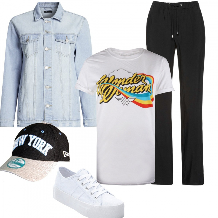 Outfit donna - A Passeggio con il cane. Stile Trendy per Tutti i giorni. Abbinamento con sneakers, pantaloni, cappelli con visiera, t-shirt con stampa e scollo a maniche corte in cotone bianco e multicolore, giacca.