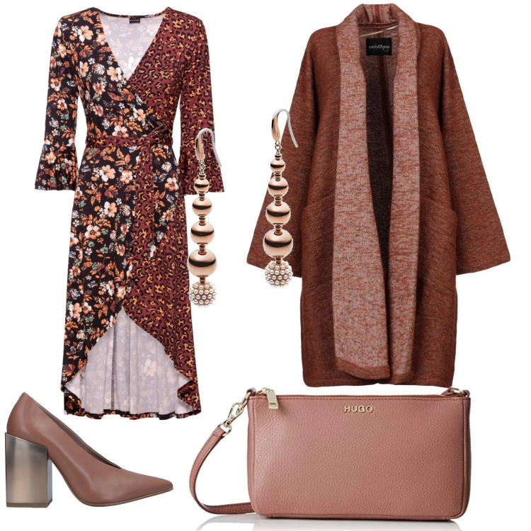 Outfit donna - Basic #15800. Stile Basic per Tutti i giorni. Abbinamento con maglieria, cardigans, orecchini con perle, décolleté con tacco geometrico a punta tinta unita, borsa a tracolla rosa.