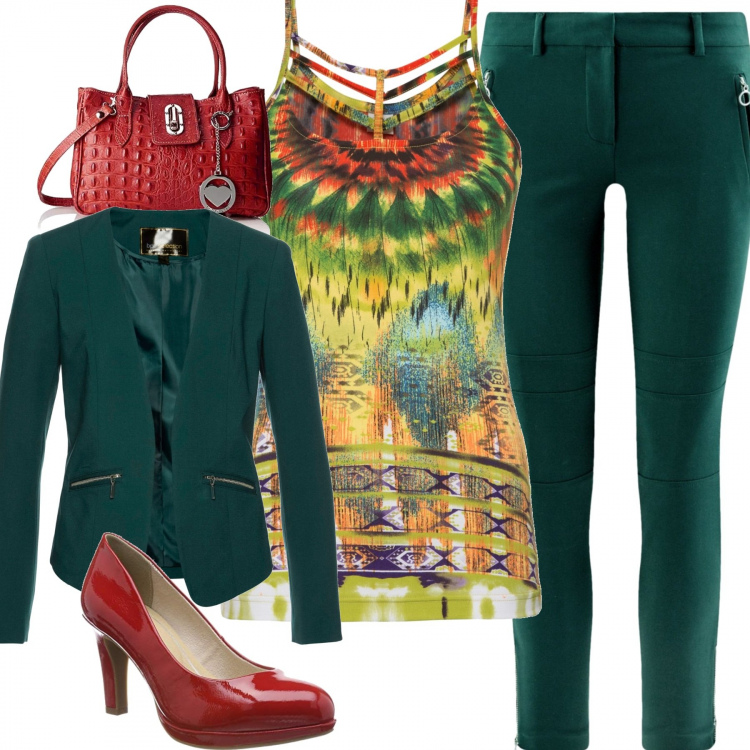 Outfit donna - Colore in ufficio. Stile Trendy per Ufficio. Abbinamento con blazer, collant, pantaloni, scarpe col tacco con plateau rosso, borsa a mano rosso.