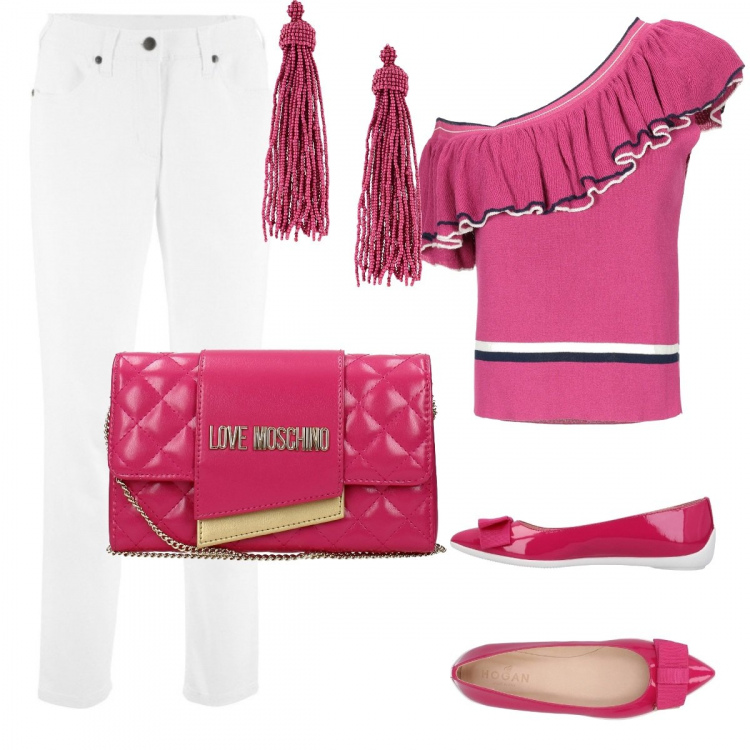 Outfit donna - In rosa per il tempo libero. Stile Basic per Tutti i giorni. Abbinamento con top monospalla lavorato a maglia scollatura profonda tinta unita, ballerine, orecchini, pantaloni, pochette con tracolla removibile.