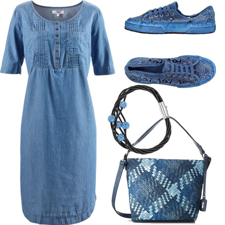 Outfit donna - Al Mercato !. Stile Basic per Tutti i giorni. Abbinamento con sneakers, vestiti midi/longuette, borsa a spalla multicolore e blu, bracciale blu.